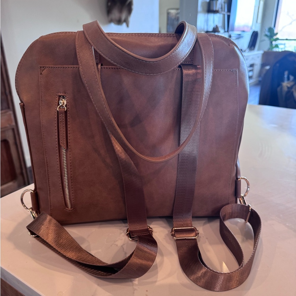 Tan Leather Tote Backpack Diaper Bag - Women - Picture 10 of 12